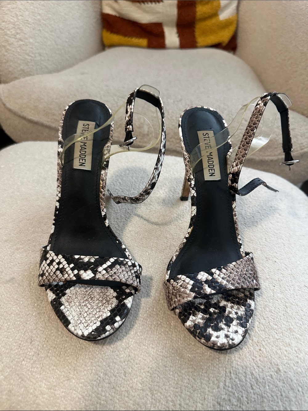 Steve Madden Snake-Print Ankle Strap Heels in Black & Cream